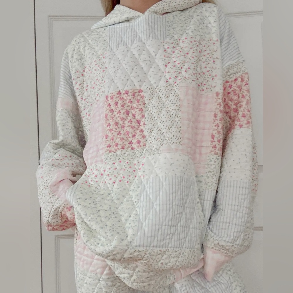 Sunkissed Coconut Patchwork Quilted Hoodie in Pink and White New